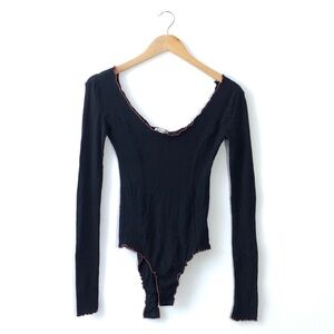Free People Black Waffle Knit Orange Ruffle Embroidered Bodysuit M